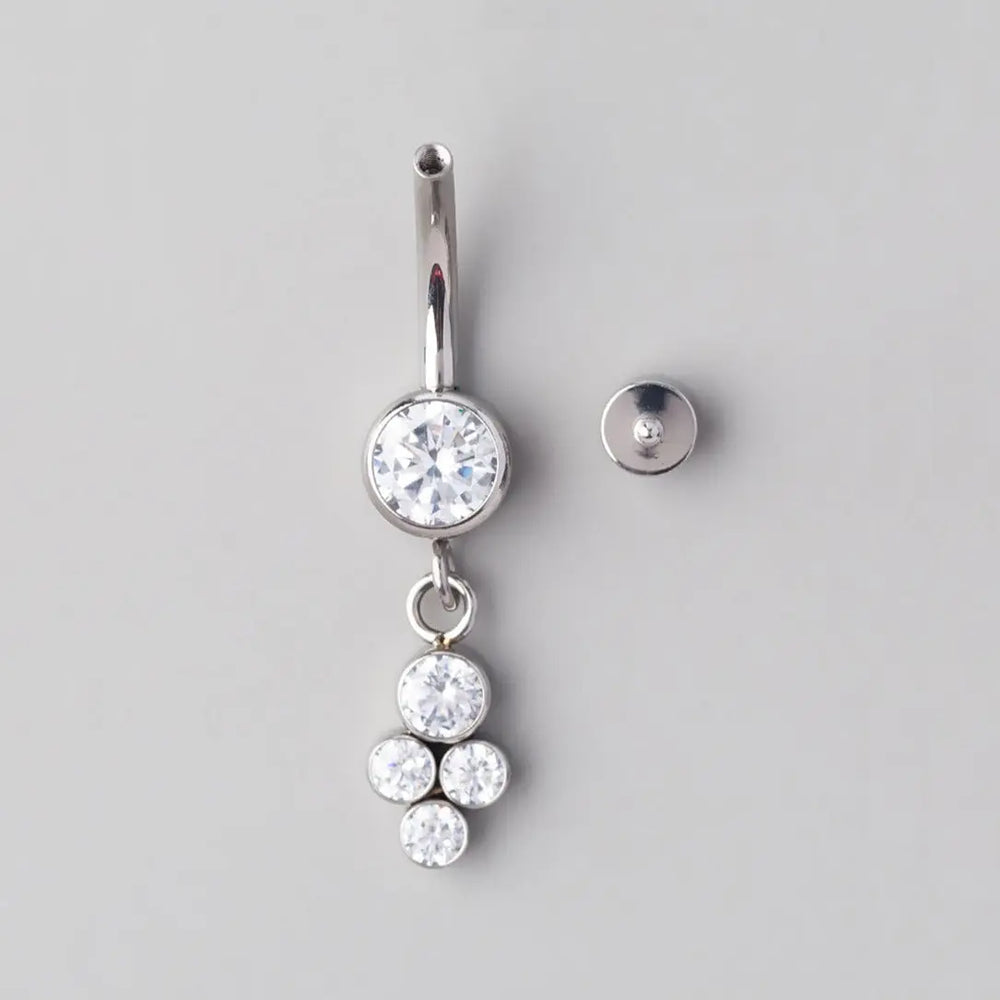 Bezel Set 4 CZ Dangle Belly Bar - Titanium