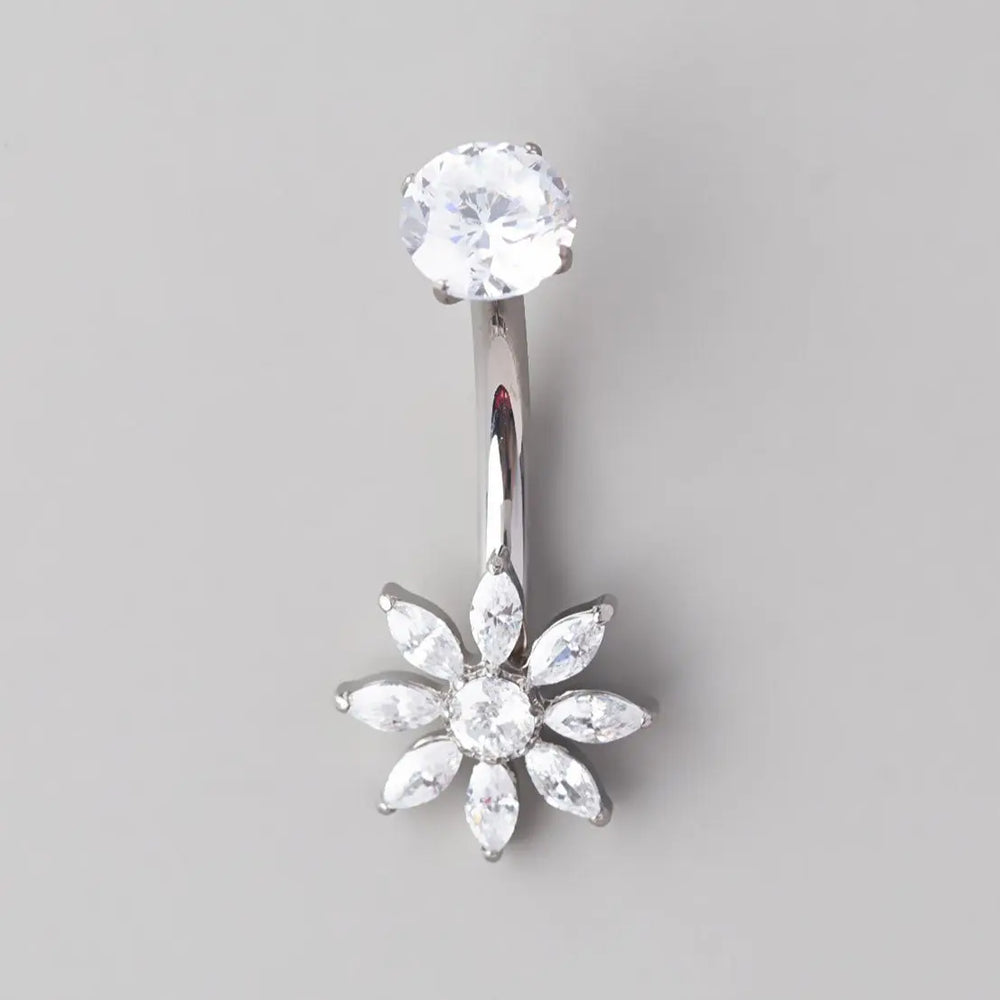 Marquise Flower Round CZ Centre in Silver Belly Bar - Titanium