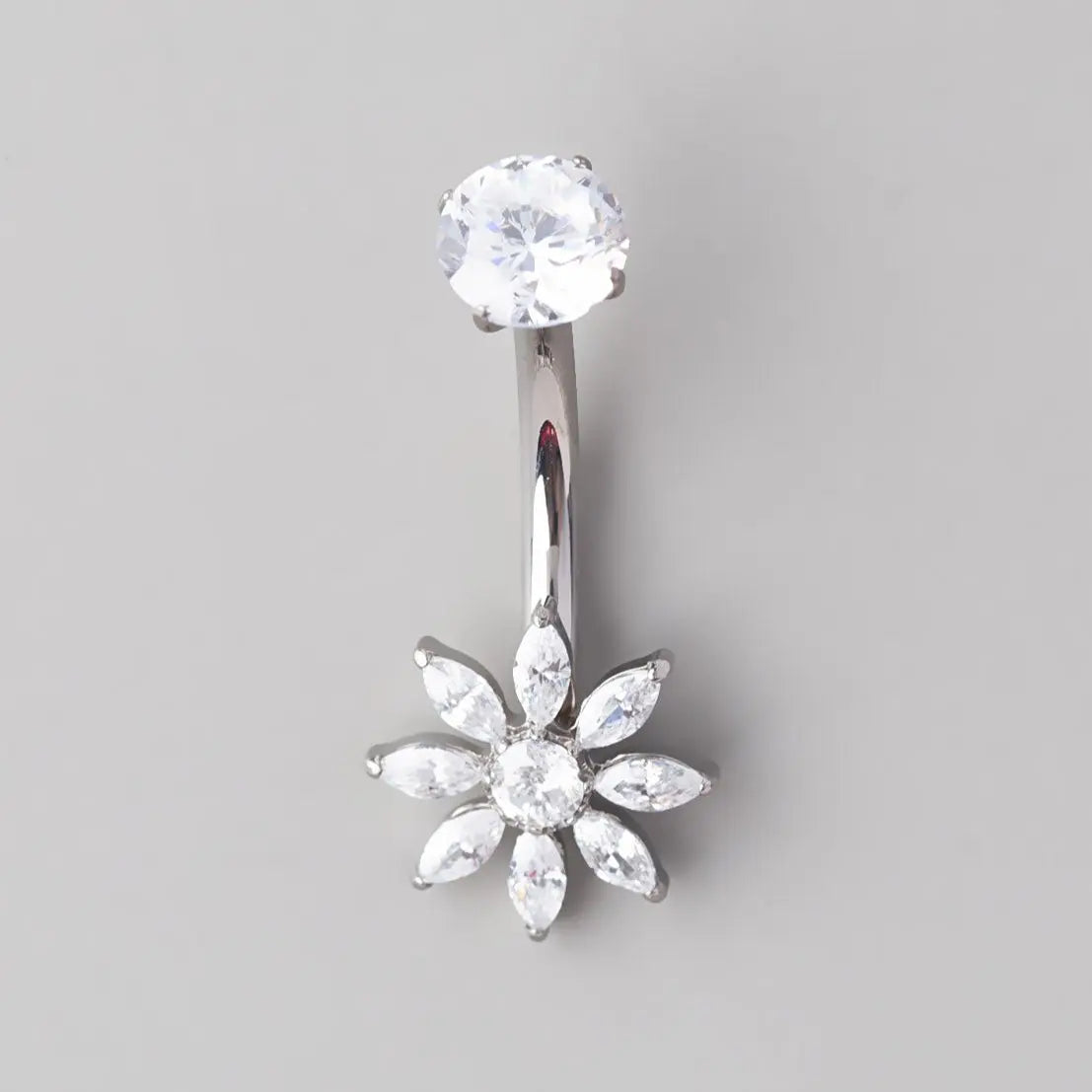 Marquise Flower Round CZ Centre in Silver Belly Bar - Titanium - Camden Body Jewellery