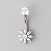 Marquise Flower Round CZ Centre in Silver Belly Bar - Titanium - Camden Body Jewellery