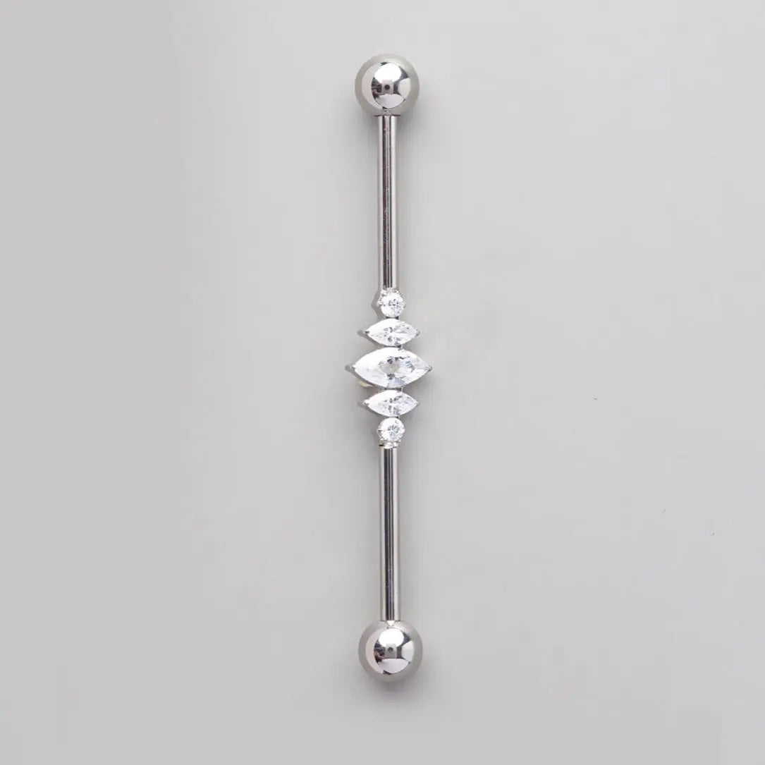 Industrial Barbell with 3 Marquise & 2 Round CZ in Silver  - Titanium - Camden Body Jewellery