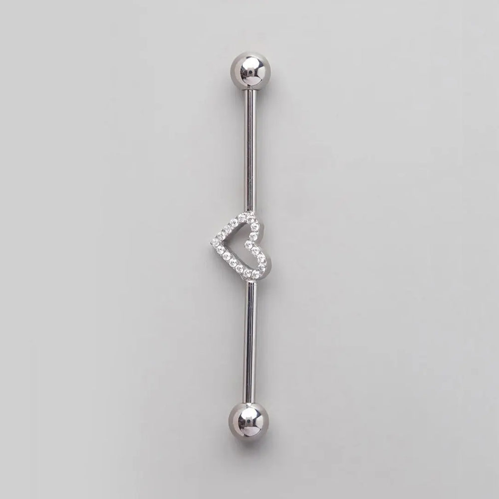Industrial Barbell Set CZ Paved Heart in Silver - Titanium