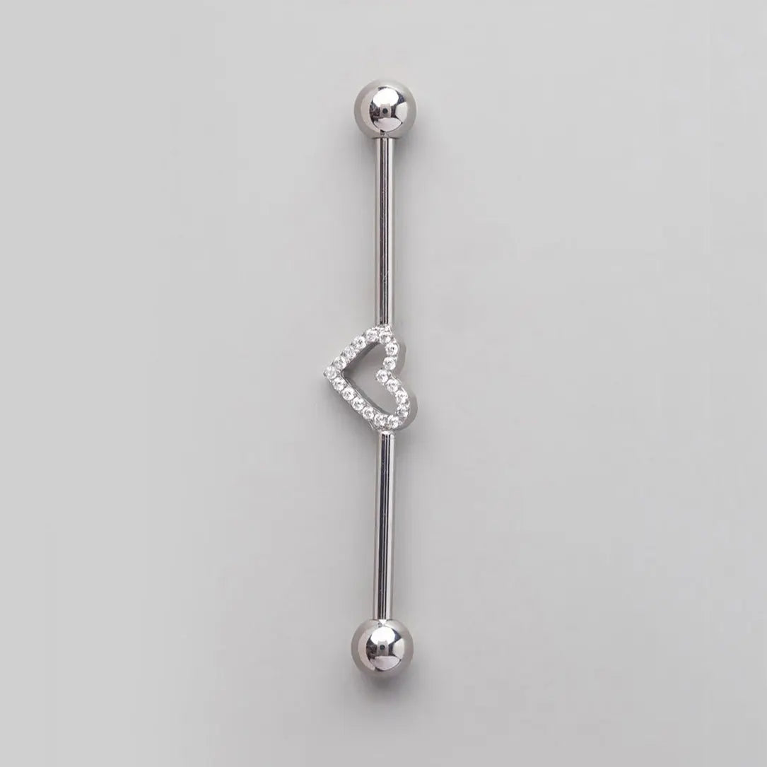 Industrial Barbell Set CZ Paved Heart in Silver - Titanium - Camden Body Jewellery