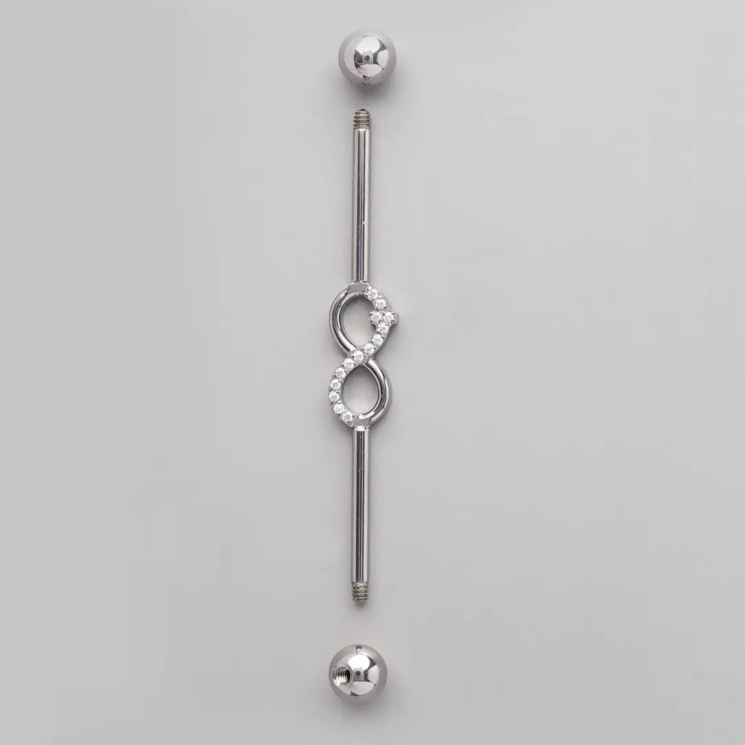 Industrial Barbell CZ Paved Infinity Symbol in Silver - Titanium - Camden Body Jewellery