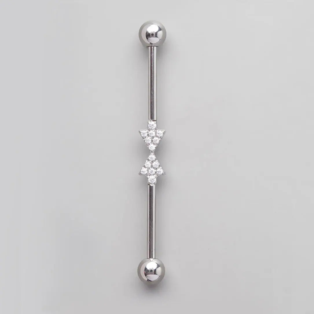 Industrial Barbell Set Inward Arrow CZ Paved Tie in Silver  - Titanium - Camden Body Jewellery