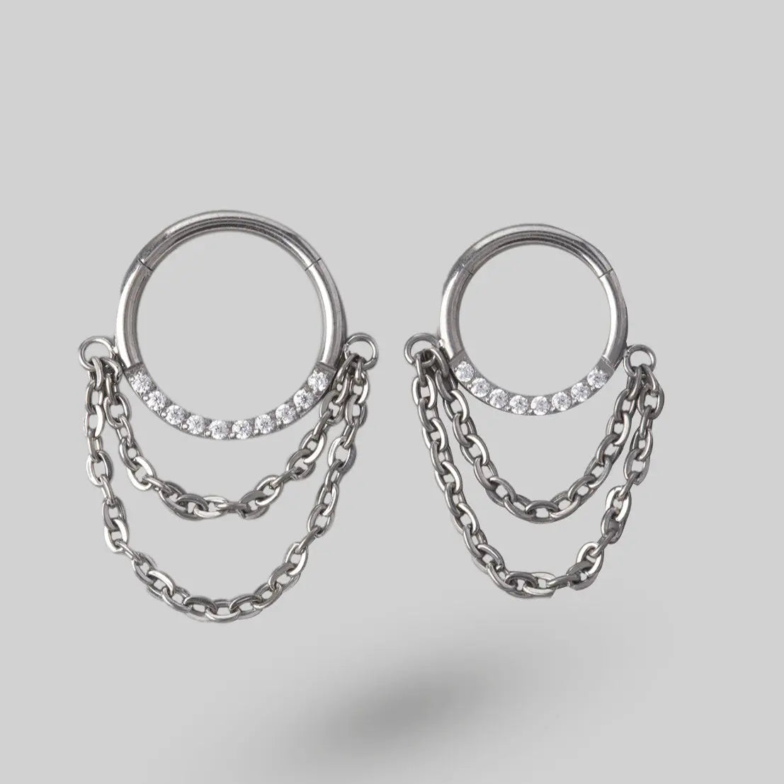 Hinged Segment Ring Front Face CZ With Chain Dangle in Silver - Titanium - Camden Body Jewellery