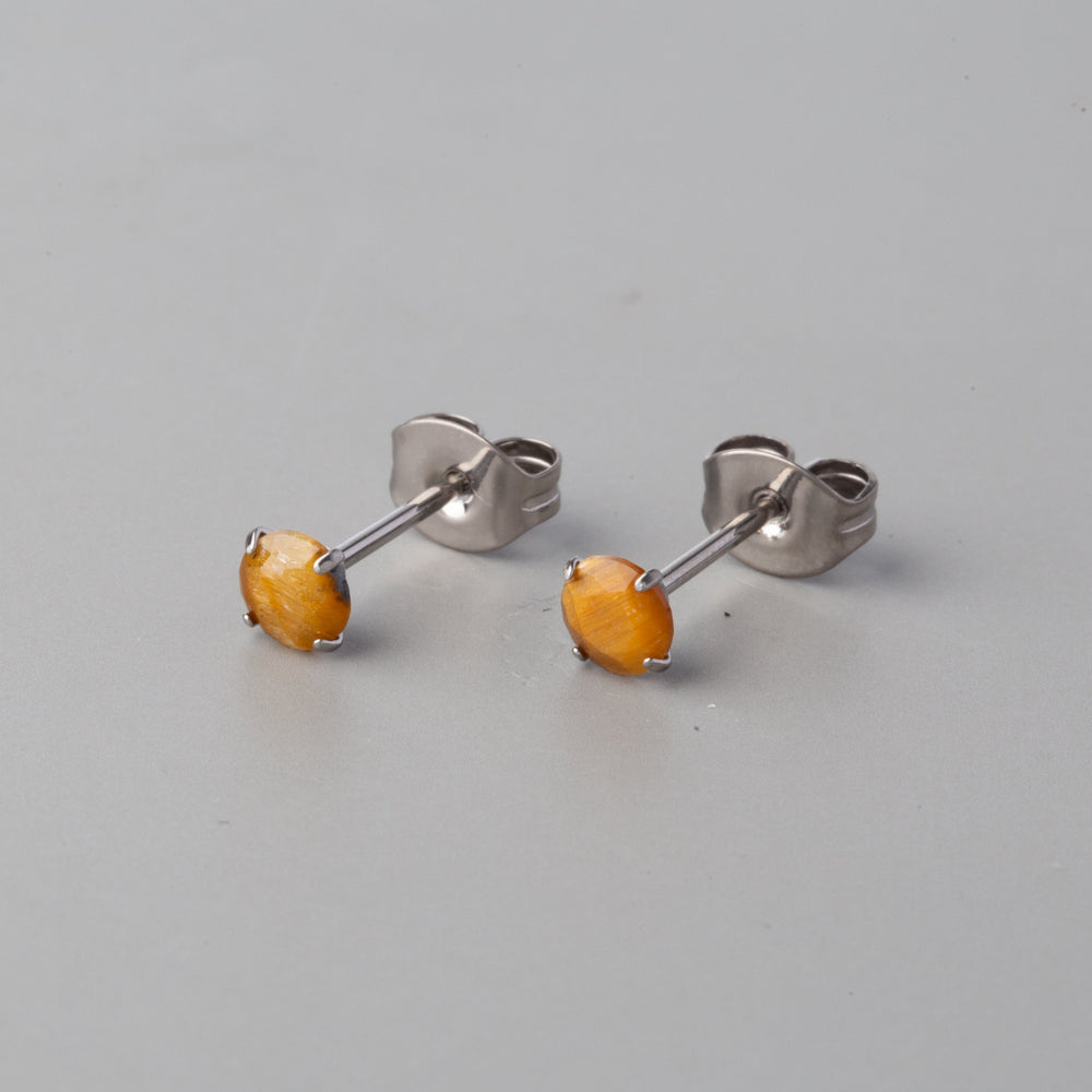 Prong Set Yellow Tiger Eye Earrings - Titanium