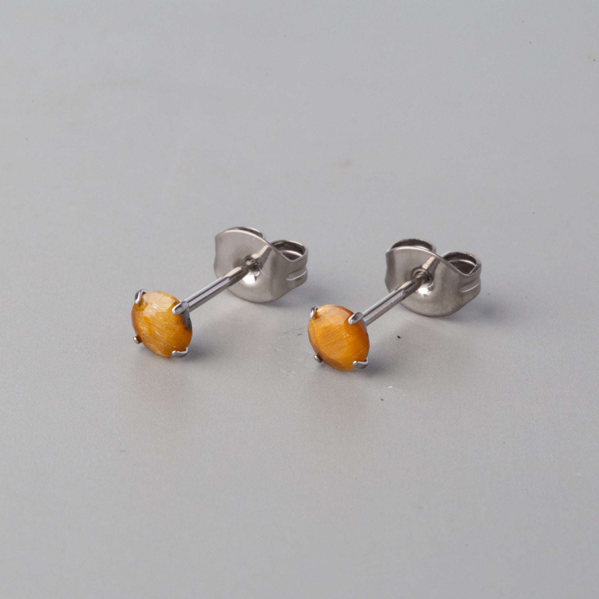 Prong Set Yellow Tiger Eye Earrings - Titanium - Camden Body Jewellery