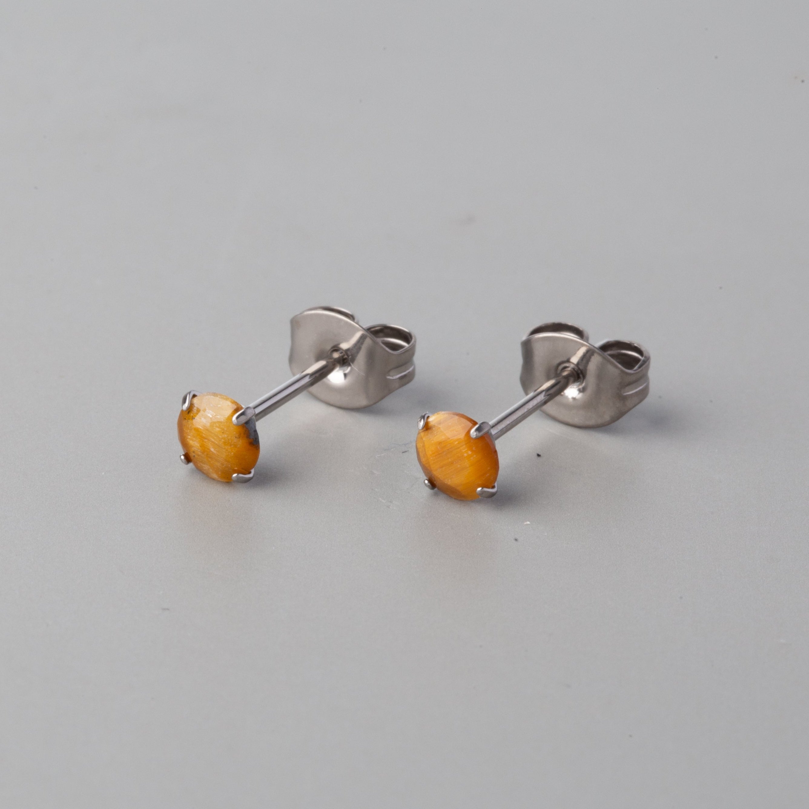 Prong Set Yellow Tiger Eye Earrings - Titanium - Camden Body Jewellery