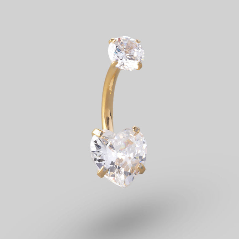 Heart Shaped Crystal Belly Bar in Gold - Titanium - Camden Body Jewellery
