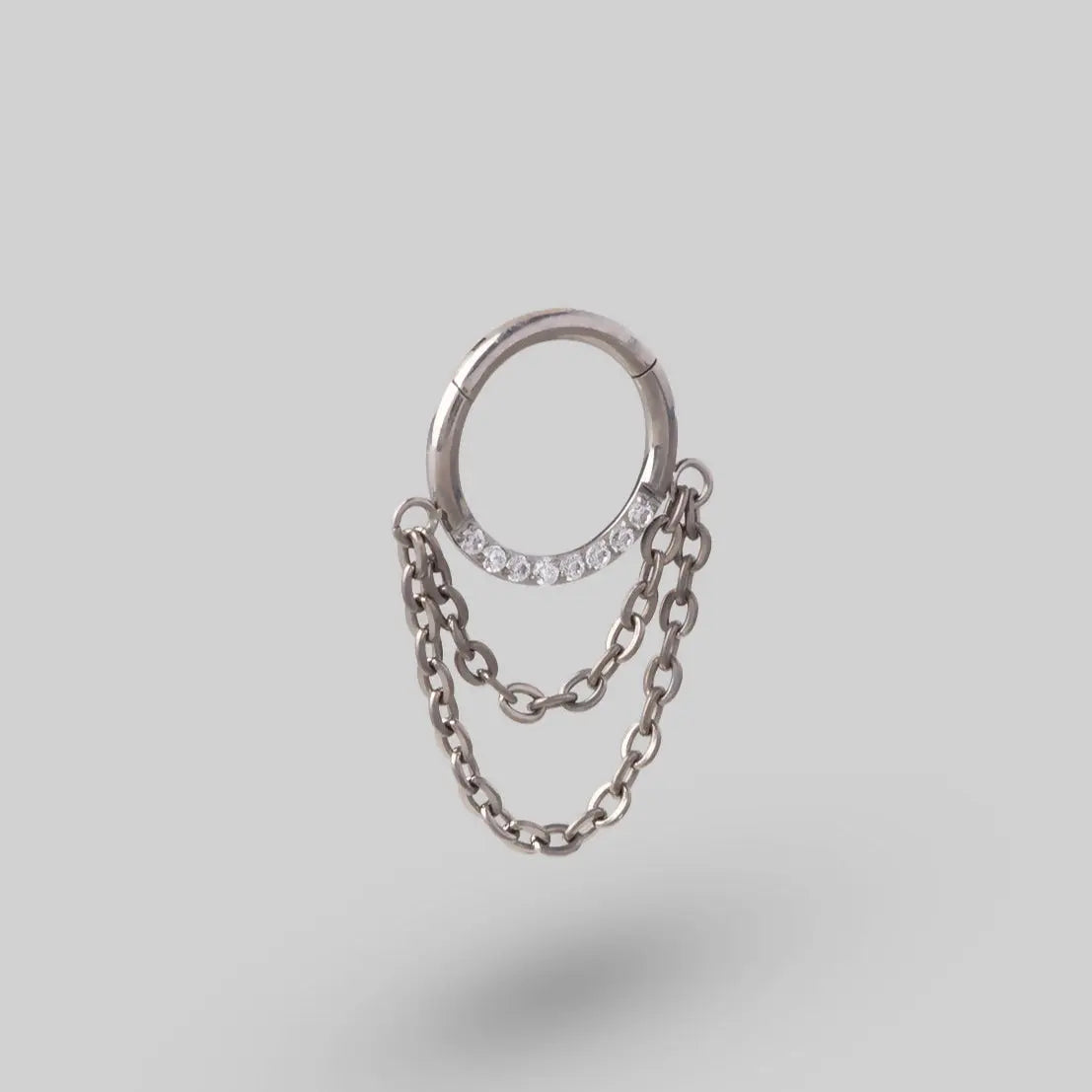 Hinged Segment Ring Front Face CZ With Chain Dangle in Silver - Titanium - Camden Body Jewellery