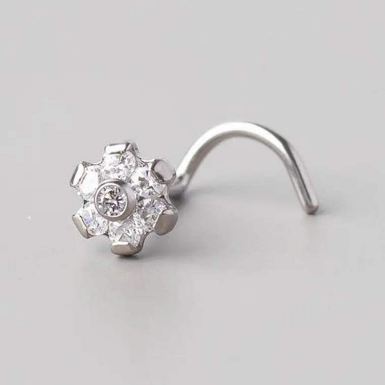 Screw Shape Nose Stud Six Flower CZ - Titanium