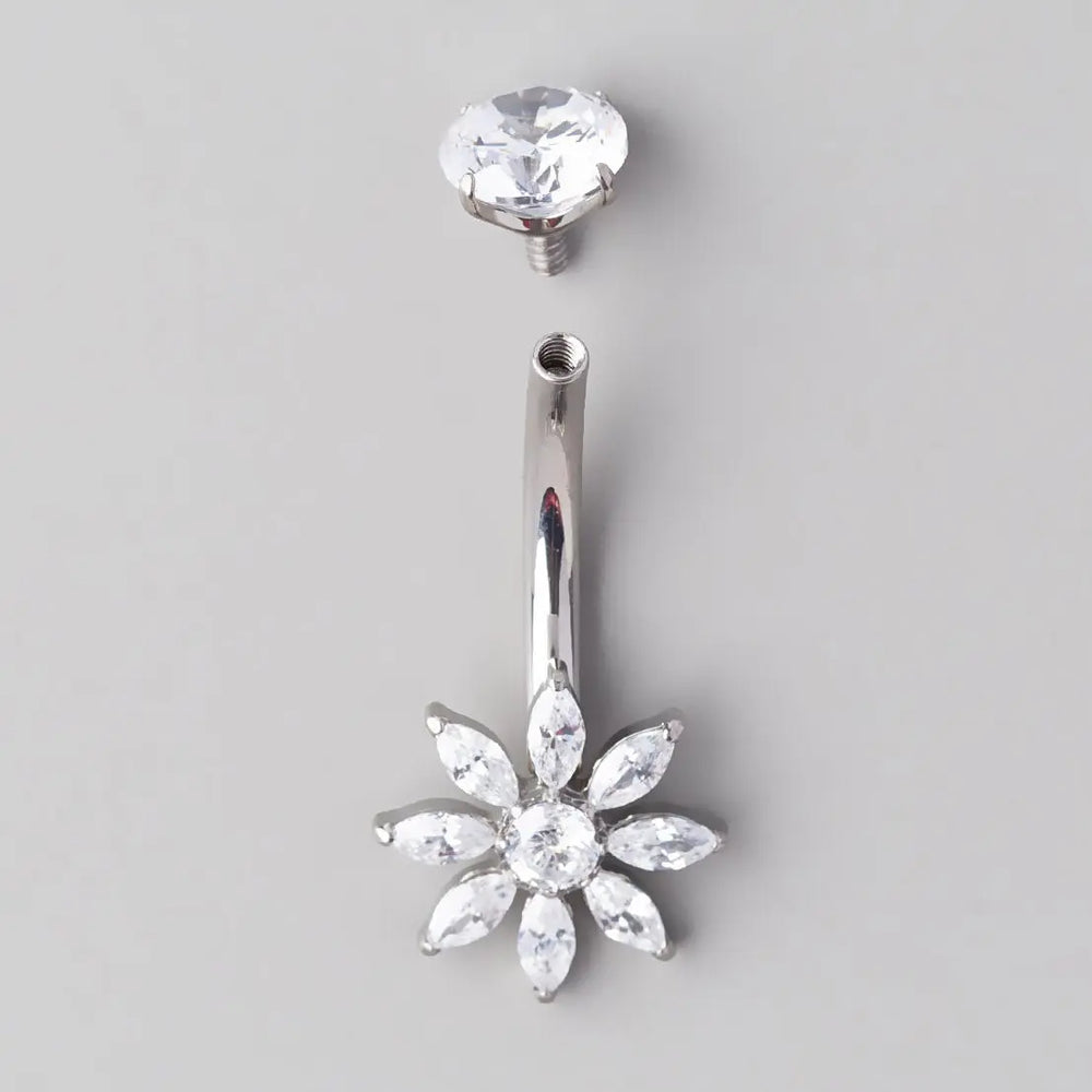 Marquise Flower Round CZ Centre in Silver Belly Bar - Titanium