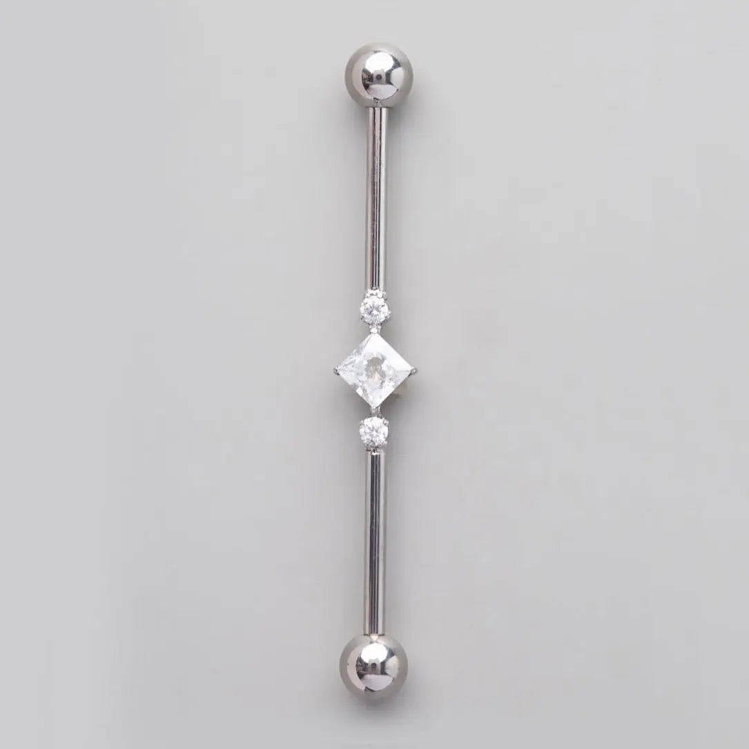 Industrial Barbell Set Square CZ and 2 Round CZ in Silver - Titanium - Camden Body Jewellery