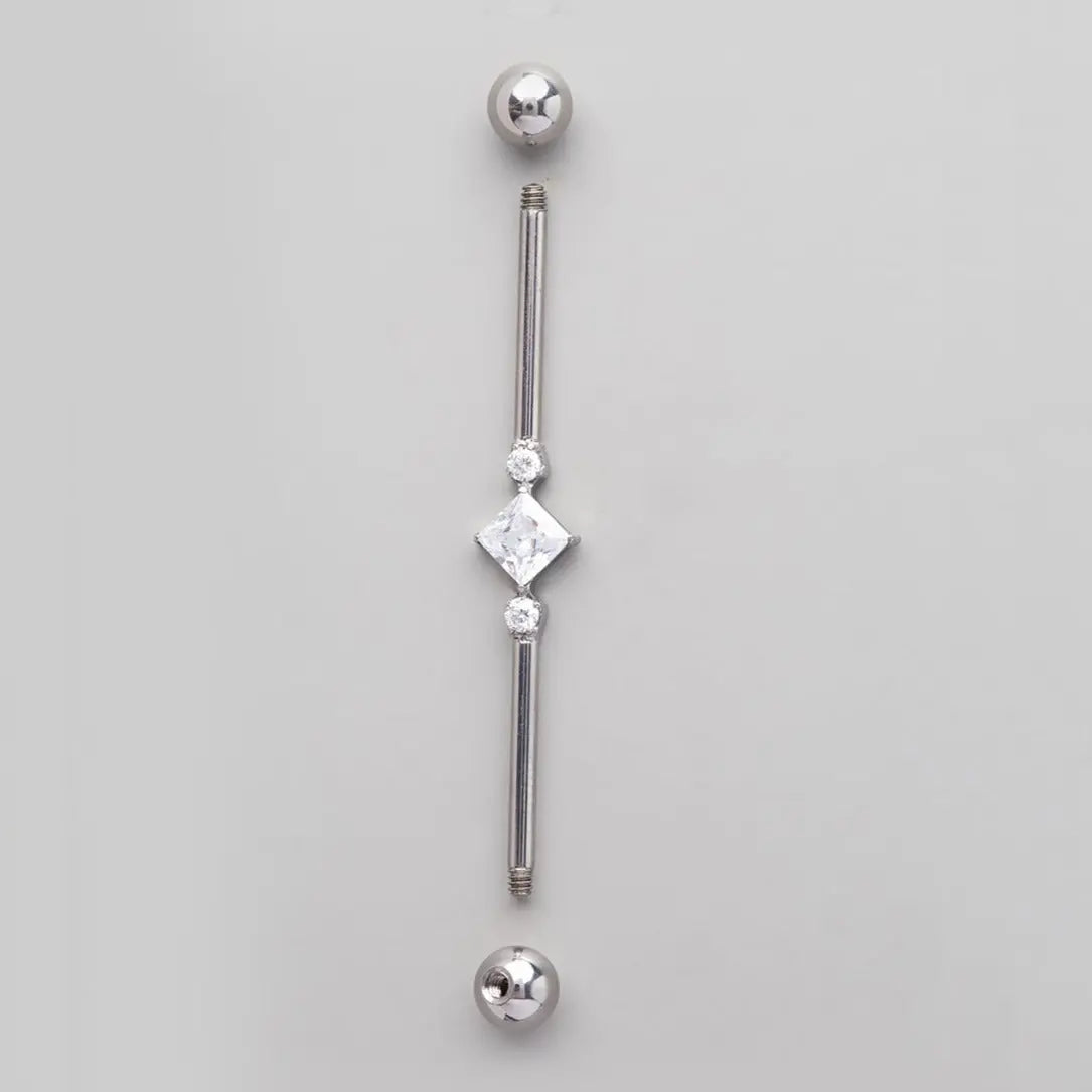 Industrial Barbell Set Square CZ and 2 Round CZ in Silver - Titanium - Camden Body Jewellery