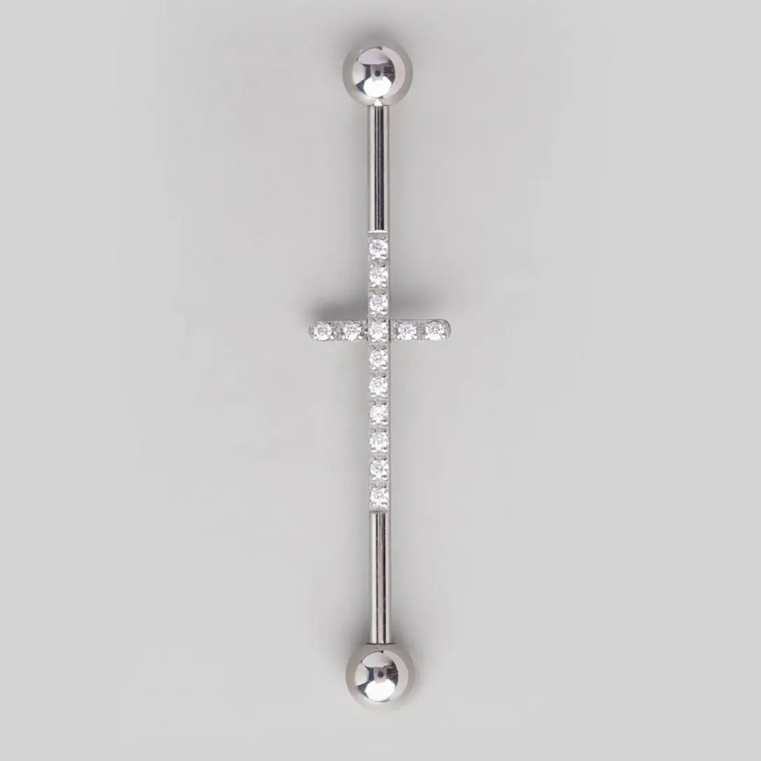 Industrial Barbell with CZ PV on Cross Shape in Silver - Titanium - Camden Body Jewellery