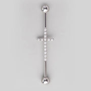 Industrial Barbell with CZ PV on Cross Shape in Silver - Titanium - Camden Body Jewellery
