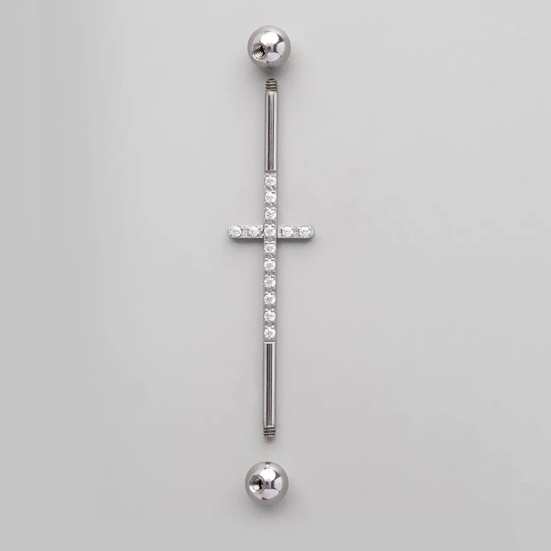 Industrial Barbell with CZ PV on Cross Shape in Silver - Titanium - Camden Body Jewellery