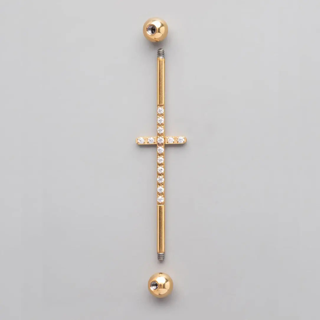 Industrial Barbell with CZ PV on Cross Shape in Gold - Titanium - Camden Body Jewellery