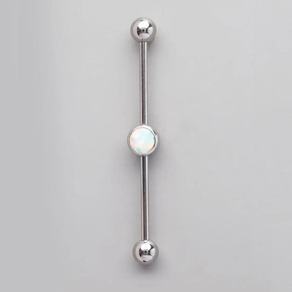 Industrial Barbell with Bezel Stone Centre White Opal in Silver - Titanium