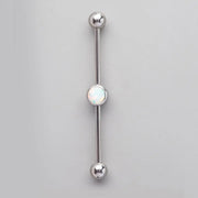 Industrial Barbell with Bezel Stone Centre White Opal in Silver - Titanium - Camden Body Jewellery