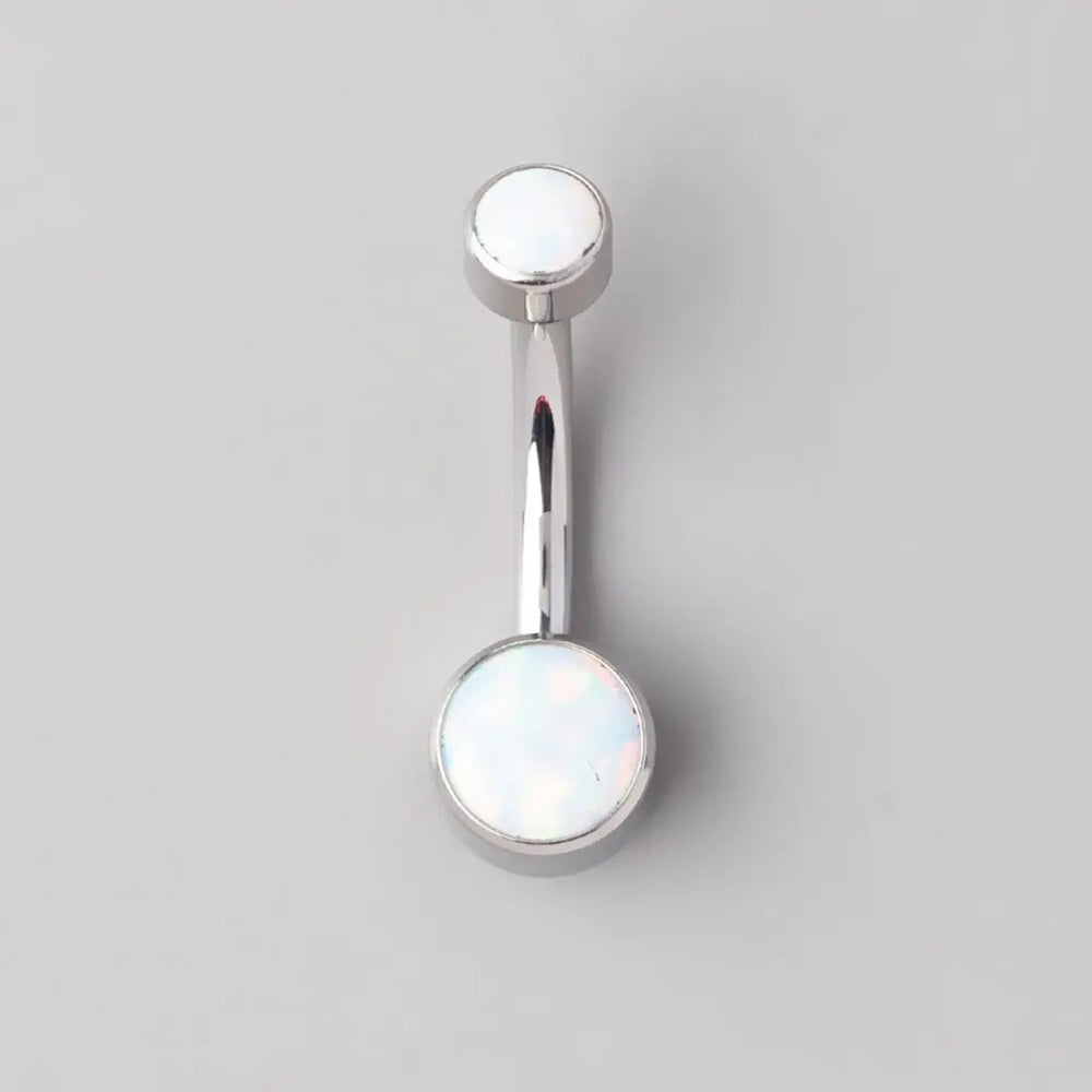 Double Bezel Set White Opal Belly Bar in Silver - Titanium