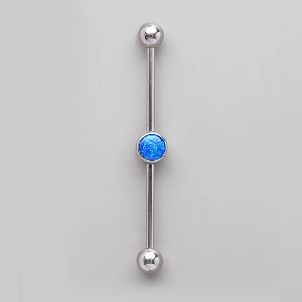 Industrial Barbell with Bezel Stone Centre Blue Opal in Silver - Titanium