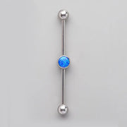 Industrial Barbell with Bezel Stone Centre Blue Opal in Silver - Titanium - Camden Body Jewellery