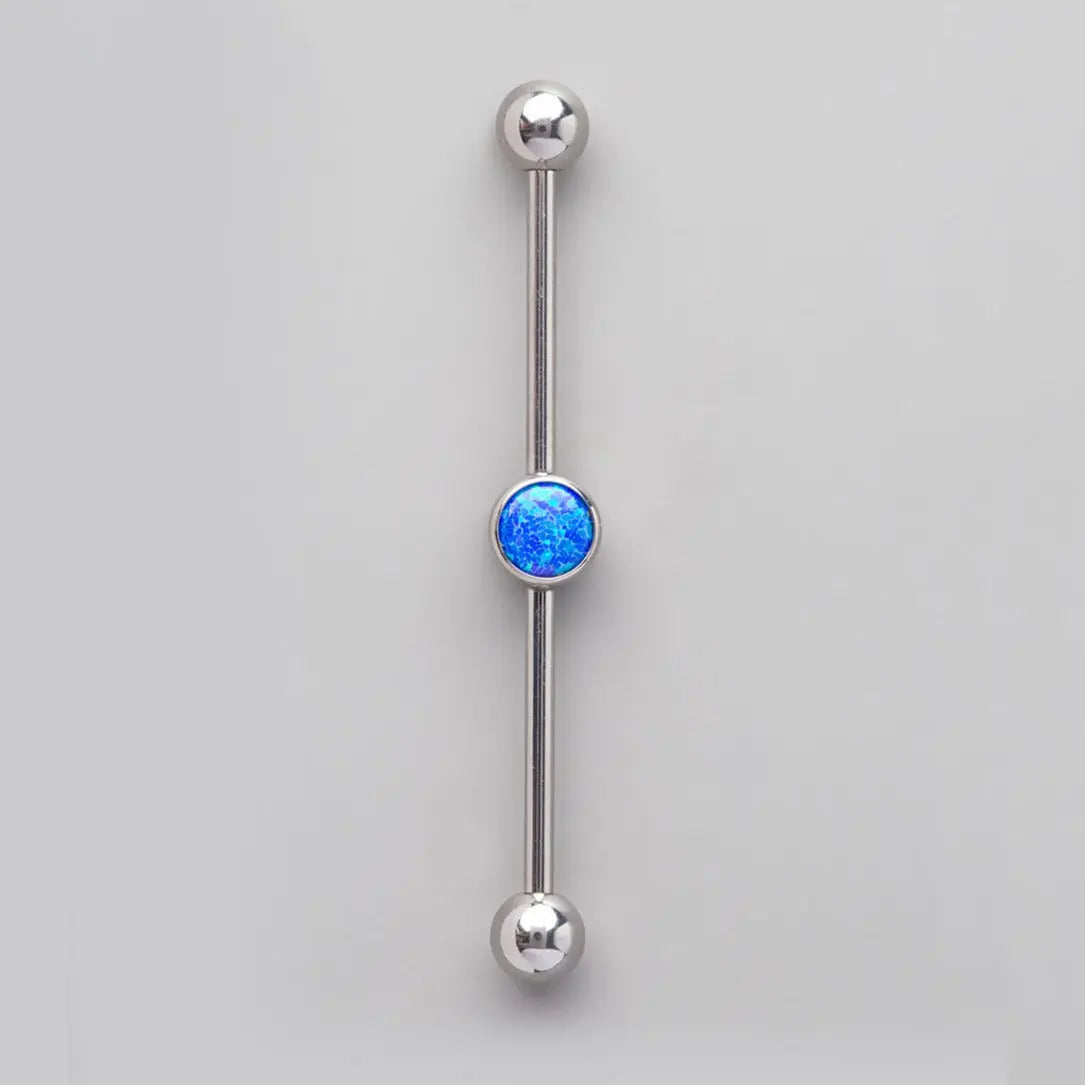 Industrial Barbell with Bezel Stone Centre Blue Opal in Silver - Titanium - Camden Body Jewellery
