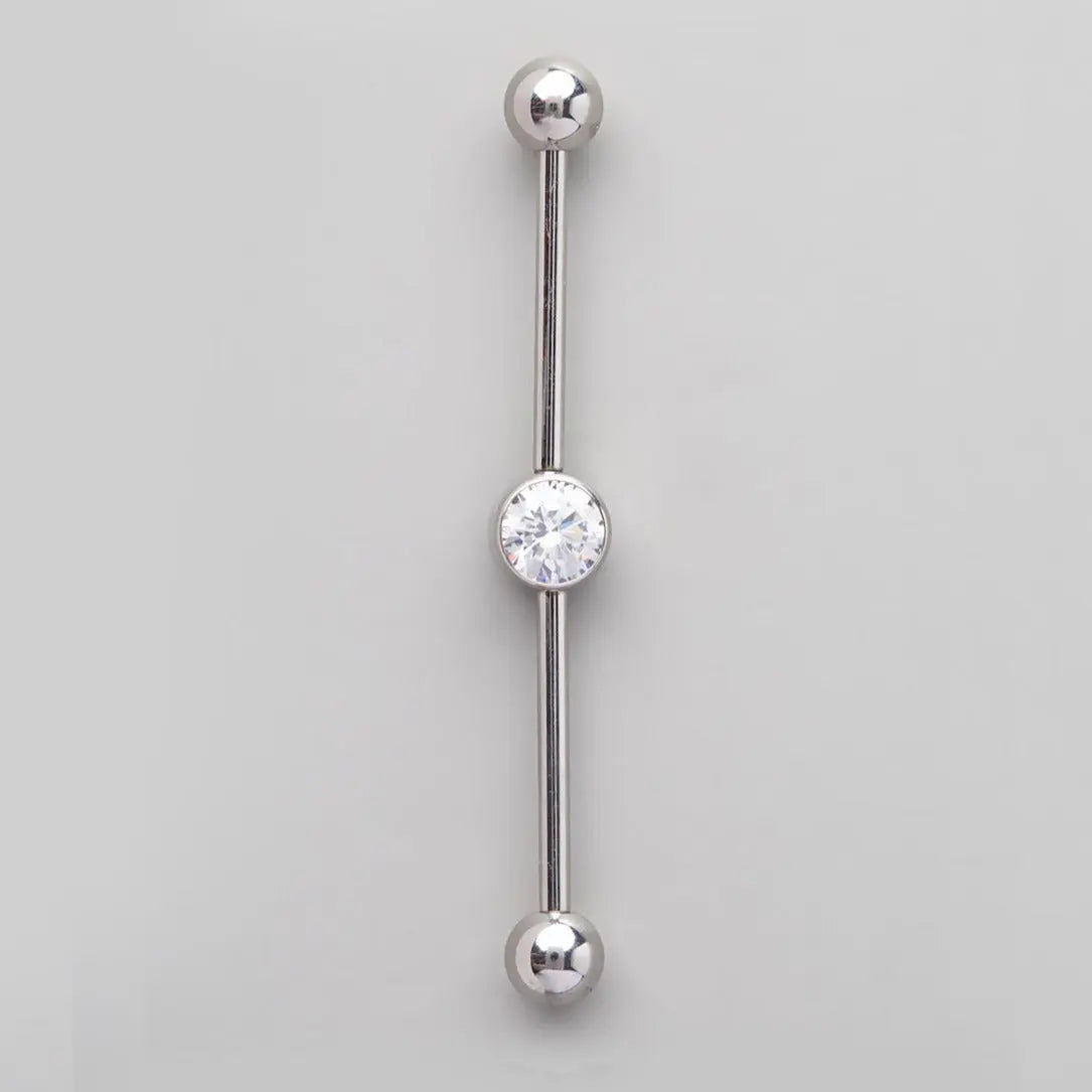 Industrial Barbell Bezel Clear CZ Centre in Silver - Titanium - Camden Body Jewellery