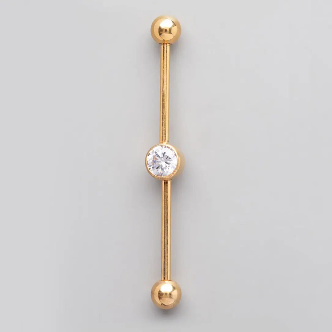 Industrial Barbell Bezel Clear CZ Centre in Gold - Titanium - Camden Body Jewellery