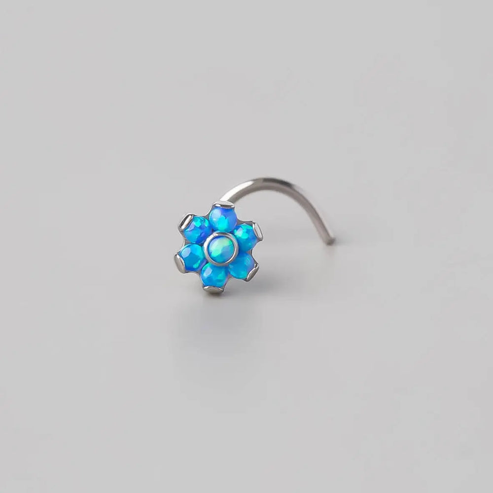Screw Shape Nose Stud Six Flower Blue Opal CZ - Titanium