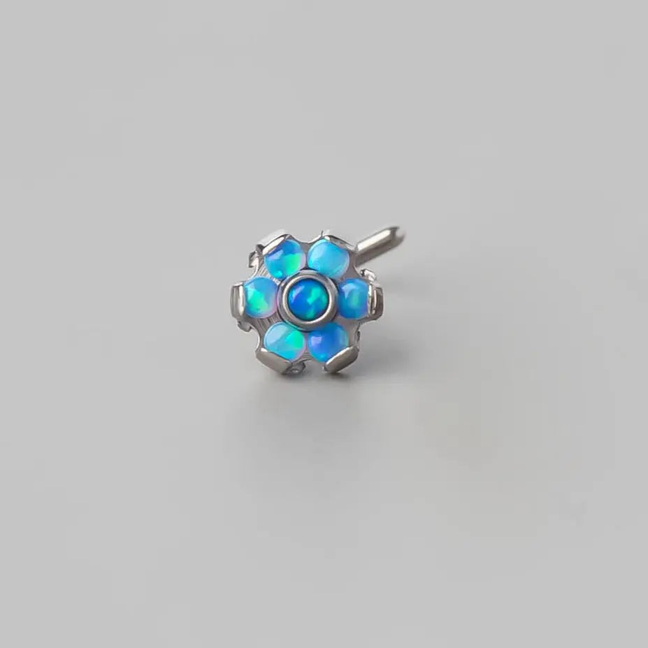 L-Shape Nose Stud Six Flower Blue Opal CZ - Titanium