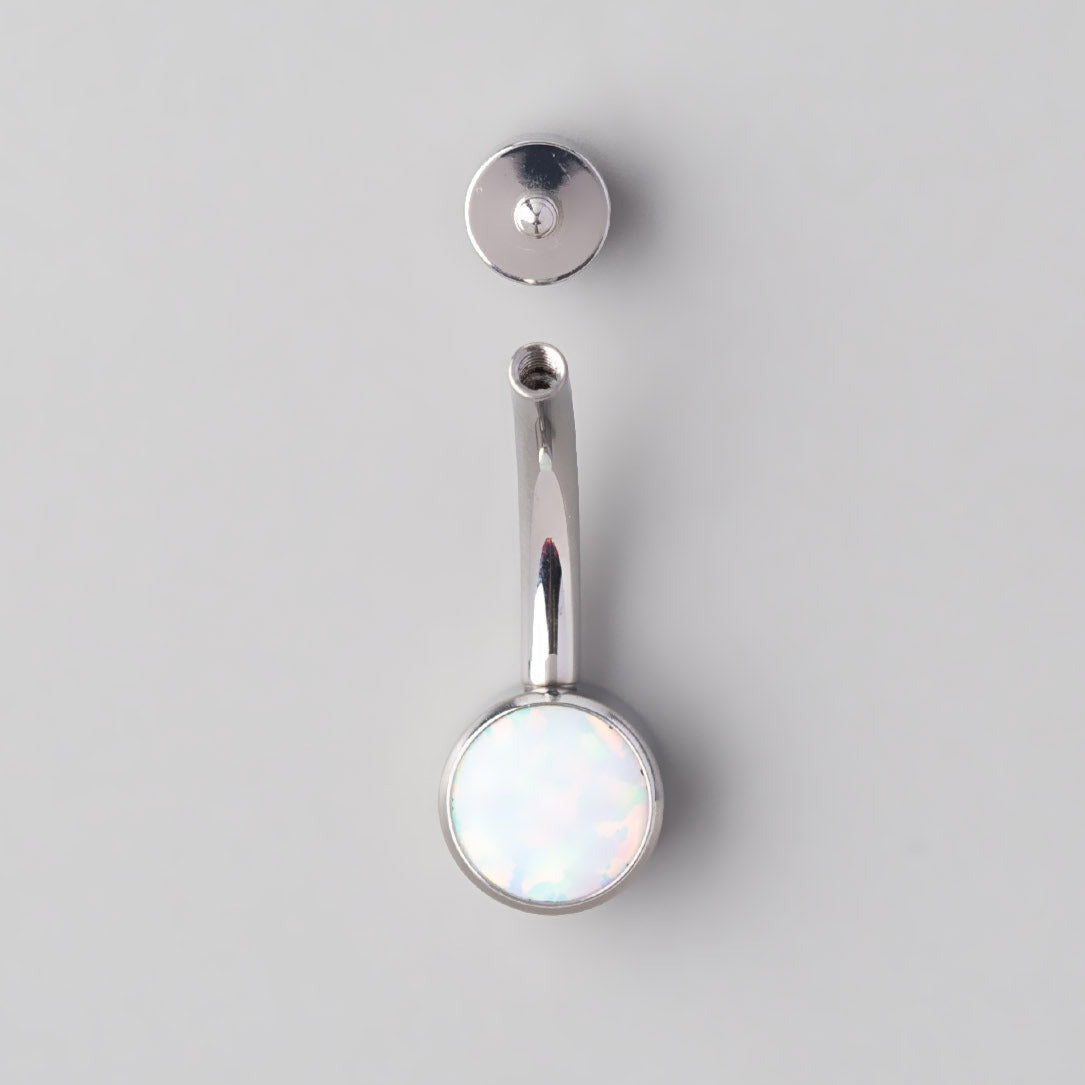 Double Bezel Set White Opal Belly Bar in Silver - Titanium - Camden Body Jewellery