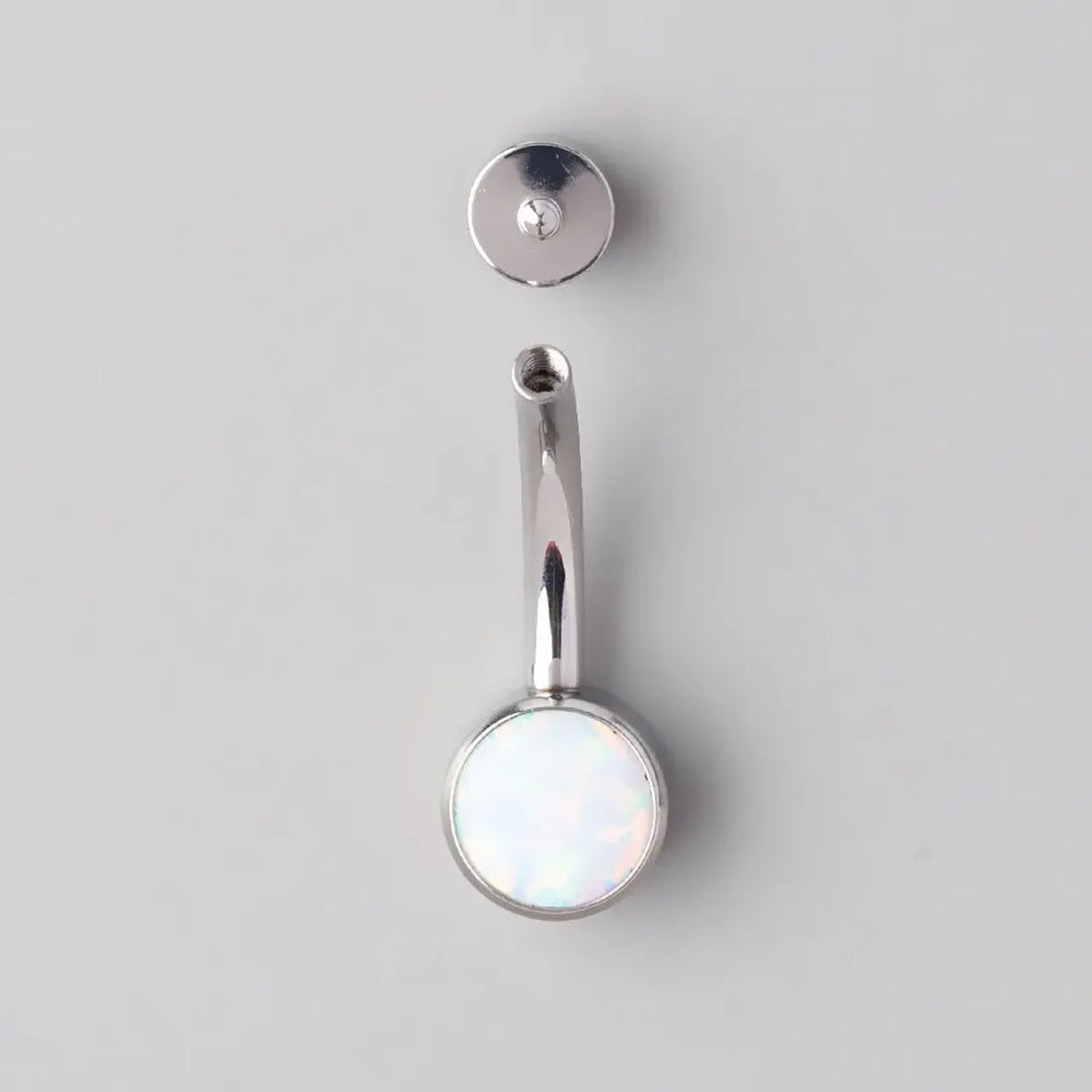 Double Bezel Set White Opal Belly Bar in Silver - Titanium