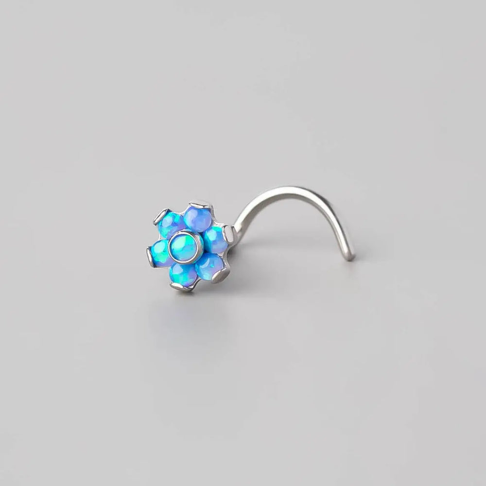 Screw Shape Nose Stud Six Flower Blue Opal CZ - Titanium