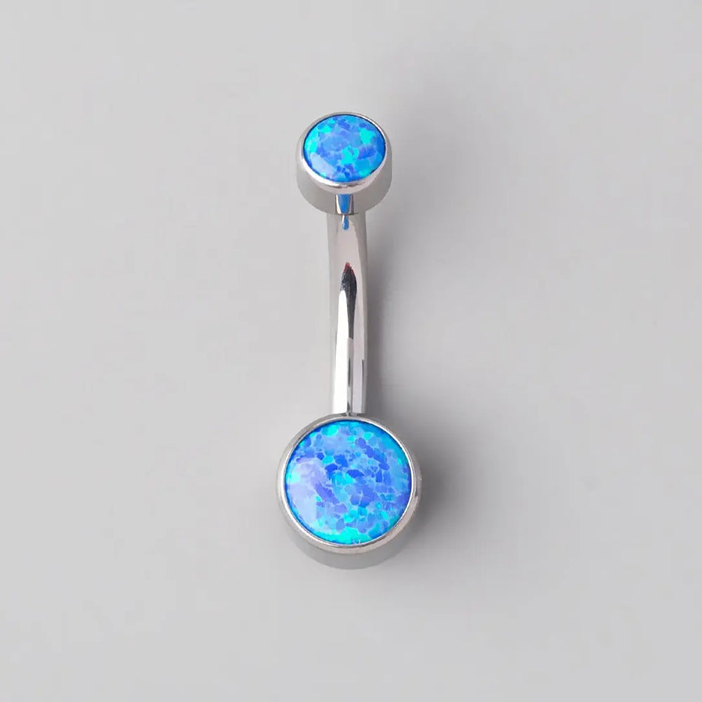 Double Bezel Set Blue Opal Belly Bar in Silver - Titanium