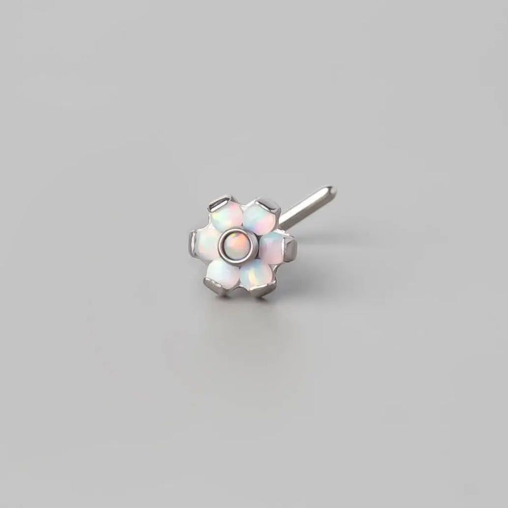 L-Shape Nose Stud Six Flower White Opal CZ - Titanium