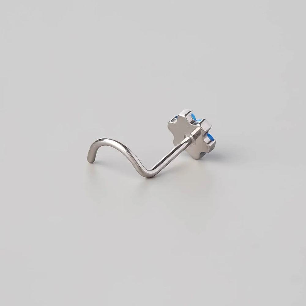 Screw Shape Nose Stud Six Flower Blue Opal CZ - Titanium