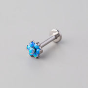 Bezel Blue Opal CZ Flower Labret in Silver - Titanium - Camden Body Jewellery