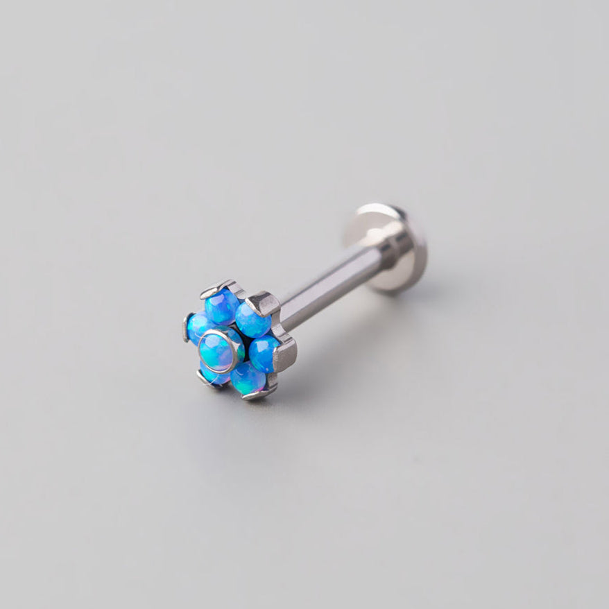 Bezel Blue Opal CZ Flower Labret in Silver - Titanium - Camden Body Jewellery