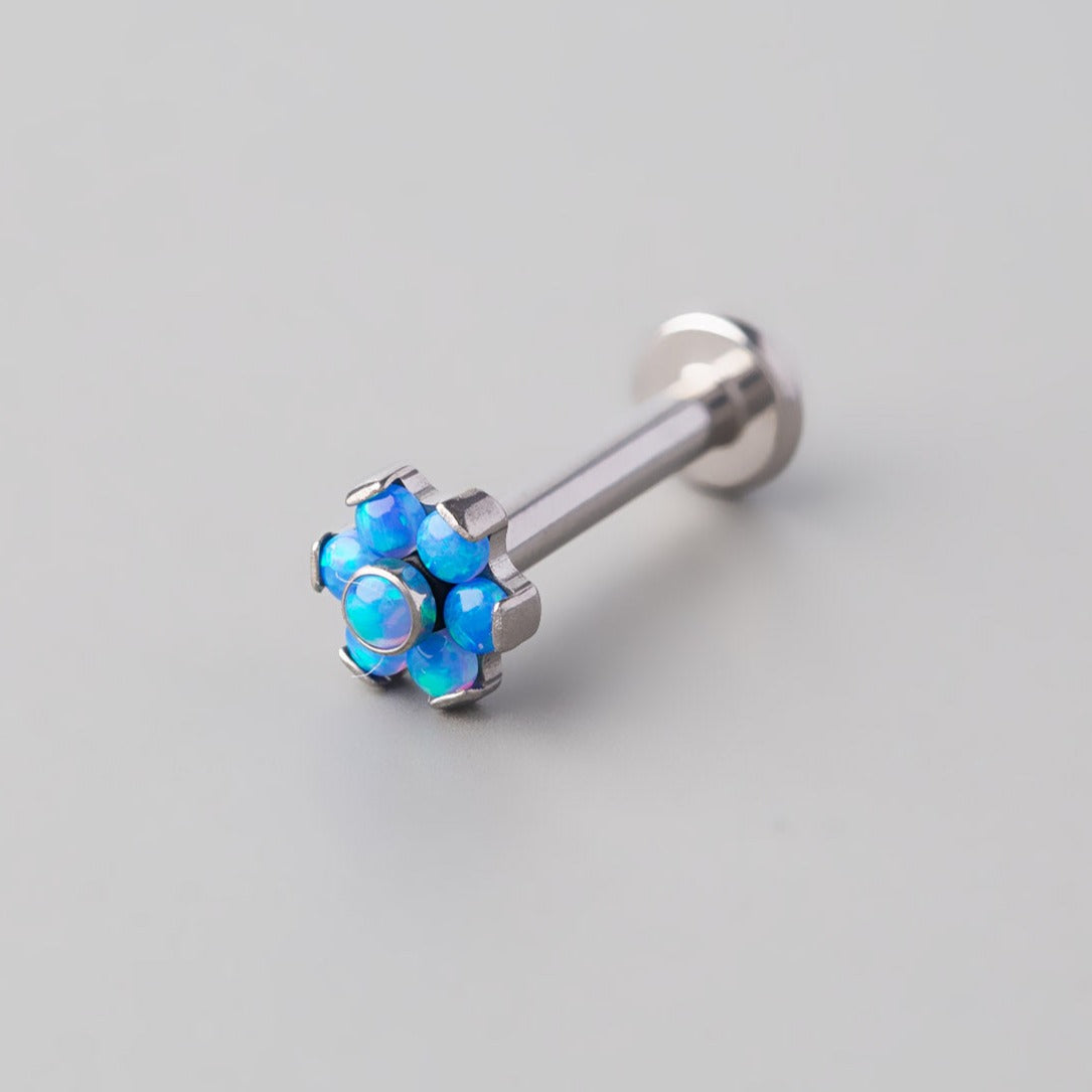 Blue Opal Flower Labret in Silver - Titanium - Camden Body Jewellery