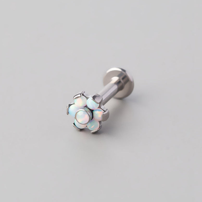 Bezel White Opal CZ Flower Labret in Silver - Titanium - Camden Body Jewellery