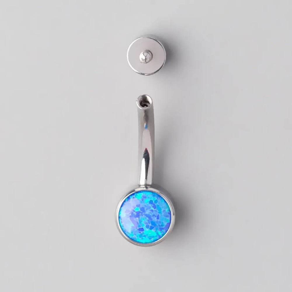 Double Bezel Set Blue Opal Belly Bar in Silver - Titanium