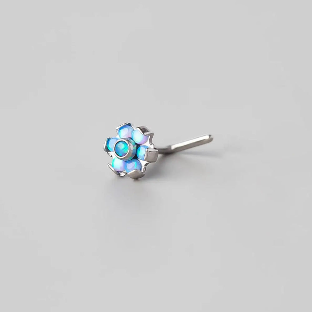 L-Shape Nose Stud Six Flower Blue Opal CZ - Titanium