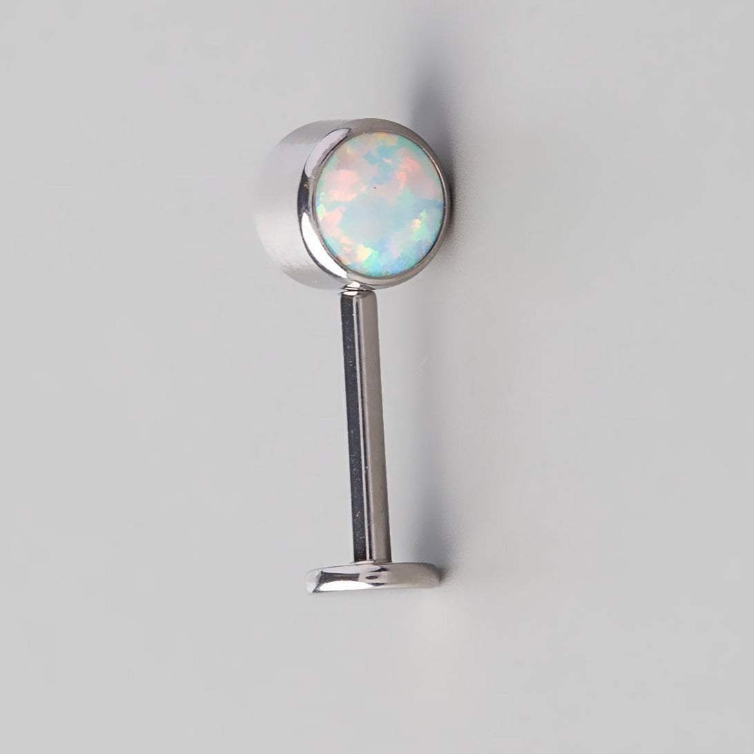 Top Front Facing White Opal Stone Threadless Labret in Silver - Titanium - Camden Body Jewellery