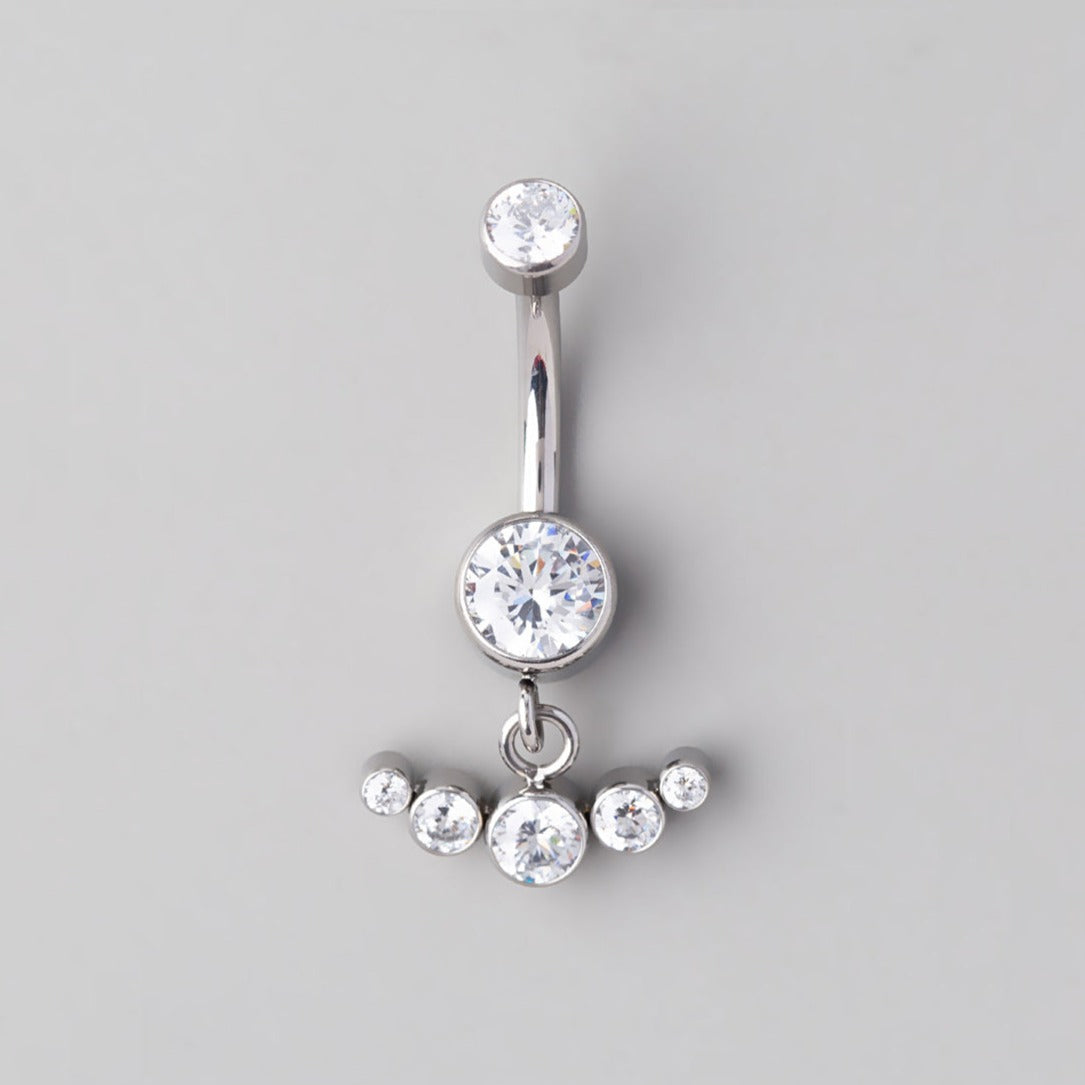 Bezel Set Horizontal 5 CZ Dangle Belly Bar  - Titanium - Camden Body Jewellery