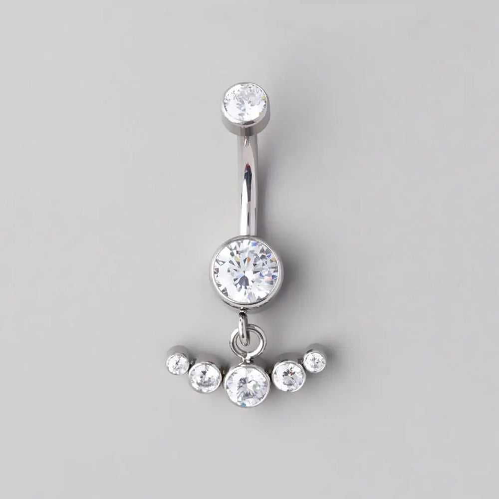 Bezel Set Horizontal 5 CZ Dangle Belly Bar  - Titanium