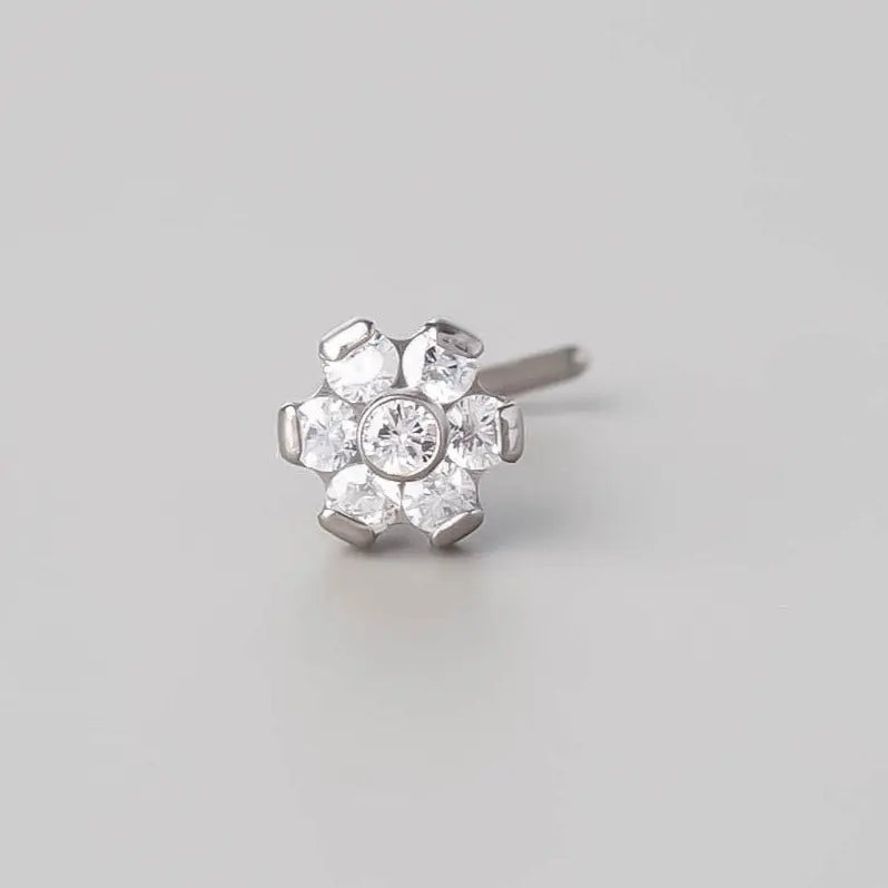 L-Shape Nose Stud Six Flower CZ - Titanium