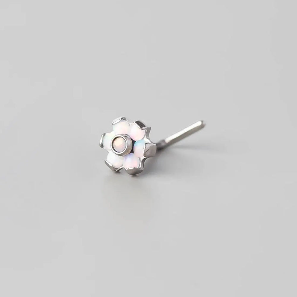 L-Shape Nose Stud Six Flower White Opal CZ - Titanium